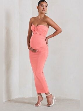 CLUB L EVITA CORAL MATERNITY SWEETHEART TWIST DETAIL STRAPLESS MAXI DRESS